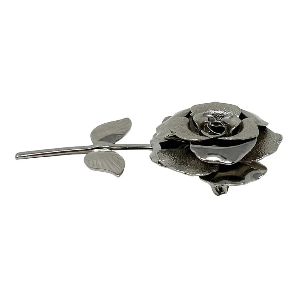 Vintage Silver Tone Rose Brooch, Retro Long Steam